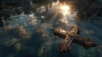 Beautifully crafted cross floating on serene water at sunset reflecting golden hues photo