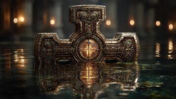Intricately designed ancient artifact partially submerged in calm water at night in a dimly lit environment photo
