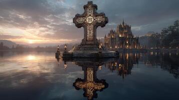 Beautiful Celtic cross stands in tranquil waters at sunrise near an ancient castle, surrounded by mist and nature photo