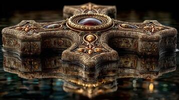 Detailed ornate cross resting on a reflective surface showcasing intricate designs and a central gem photo