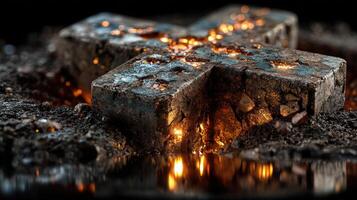 Melting cross in dark surroundings reveals glowing orange and yellow hues during twilight photo