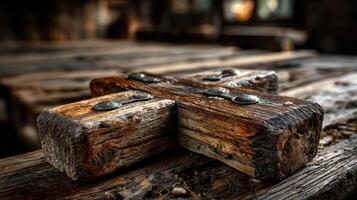 Weathered wooden cross rests on a rustic table in a dimly lit room, evoking a sense of history and spirituality photo