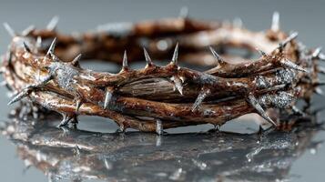 Crown made of thorns resting on a reflective surface in a minimalistic setting, highlighting intricate details and textures photo