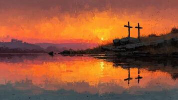 Sunrise over tranquil lake with crosses reflecting in the water during a serene morning photo