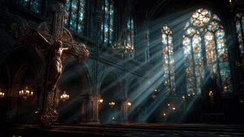 Light streams through stained glass in a historic church featuring a crucifix on an altar photo