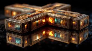 Beautifully crafted ornate cross with glowing elements displayed on a reflective surface photo