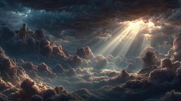 Dramatic sky with rays of light shining through clouds and a distant cross at sunset photo