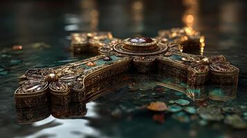 Ornate golden cross resting in tranquil water with reflective surface and detailed carvings photo