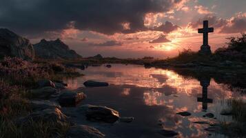 Serene sunset over a peaceful landscape with a cross and reflective water at a quiet location photo