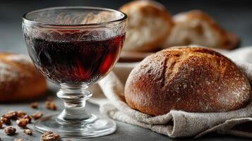 Rich dark beverage paired with freshly baked bread on a rustic table setting during a cozy afternoon photo