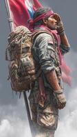 Soldier in camo gear salutes with flag waving in the background during a cloudy day photo