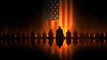 Reflection of unity and remembrance during a solemn gathering near the American flag illuminated by candles photo