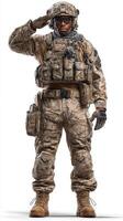 Soldier in military camouflage uniform saluting during training exercise in a desert environment at sunset photo