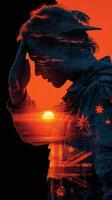 Saluting soldier against vibrant sunset with Australian symbolism at coastal location photo
