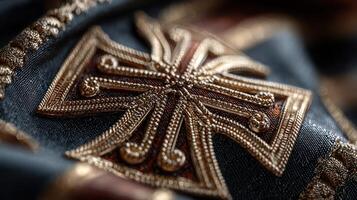 Ornate military decoration displayed on a dark fabric background in a detailed close-up view photo