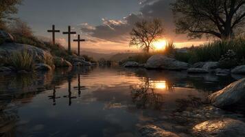 Sunset reflection over water with three crosses near a serene landscape setting photo