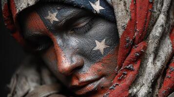 Portrait of a person with patriotic face paint and a tattered scarf expressing profound emotion photo