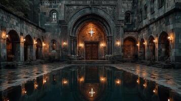 Exploring the serene architecture of an ancient monastery illuminated by evening lights and reflecting in tranquil waters photo