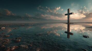 Reflection of a cross in calm waters during sunset near rocky mountains photo