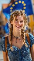 Young woman smiles brightly while exploring a vibrant European street adorned with flags on a sunny day photo