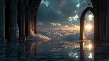 Majestic sunset viewed from ancient archway surrounded by clouds and tranquil reflections on water photo