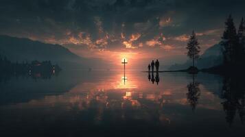 Silhouettes at sunset by a lake with reflections and a cross on the shore photo