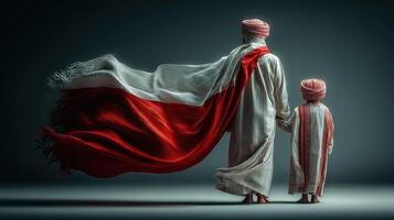 Father and son walking hand in hand draped in a flowing flag showcasing cultural pride and unity photo
