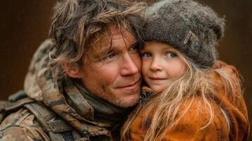 Man and child embrace in warm weathered clothing while enjoying a moment outdoors in nature during a gentle snowfall photo