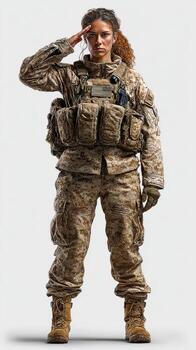 Woman in military uniform saluting while standing confidently in a neutral background photo