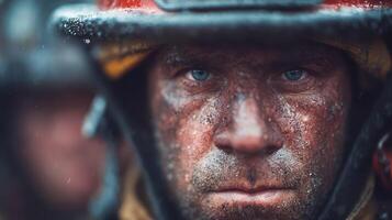 Firefighter faces the elements during a challenging rescue operation in difficult weather conditions at a wildfire site photo