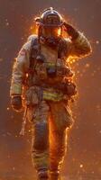Firefighter battles intense blaze while saluting in dramatic lighting during an emergency response operation photo