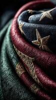 Richly textured fabric showcasing intricate patterns and colors, draped artistically in soft lighting photo