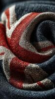 Close-up view of a textured fabric featuring the Union Jack flag in vibrant colors photo