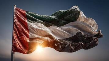 Flag of Sudan waving in sunset with vibrant colors and striking texture against a clear sky photo