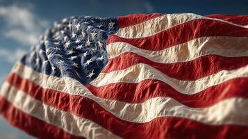 Waving American flag billows majestically under a clear sky on a bright day photo