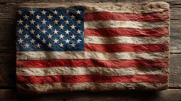 Rustic wooden American flag displayed on a textured surface in natural light at an indoor location photo