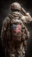 Soldier saluting while wearing tactical gear with American flag in a solemn moment of tribute photo