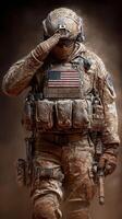 Soldier saluting with pride in dusty combat gear during a military operation in a war-torn region photo