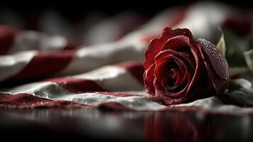 Red rose resting on striped fabric with dew drops, creating a poignant juxtaposition of beauty and patriotism photo
