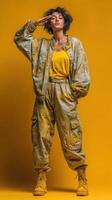 Fashion model poses in stylish military-inspired outfit against a vibrant yellow backdrop in an urban setting photo
