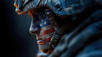 Soldier with American flag paint on face taking part in military training exercise at dawn photo
