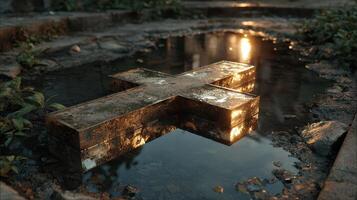 Reflective cross in puddle during sunset at an old cemetery surrounded by overgrown grass and stones photo