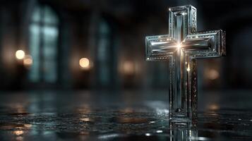 Silver cross shines in a dimly lit sacred space, creating a serene atmosphere of contemplation and reflection during evening hours photo