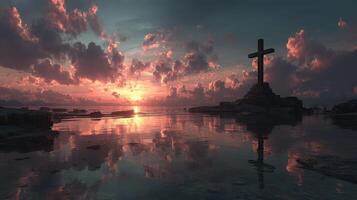 Sunset at the coastal cross, tranquil waters reflect vibrant colors in the evening sky photo