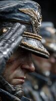 Soldiers in uniform salute in a solemn ceremony honoring military service and sacrifice on a cloudy day photo