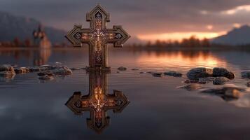 Sunset reflections of an ornate cross in tranquil waters at a serene lakeside location photo