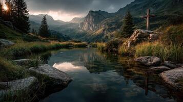 Majestic mountain landscape with serene water reflection during sunset in a quiet valley photo
