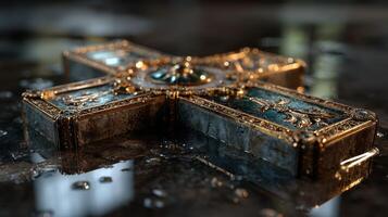 Exquisite ornate cross resting on reflective surface in soft light photo