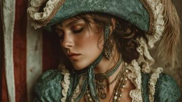Elegant woman in vintage costume with intricate details posing against a rustic backdrop in a historical setting photo