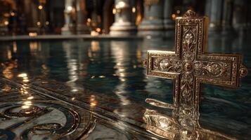 Ornate cross rests on reflective surface in tranquil, dimly lit interior of historic sanctuary photo